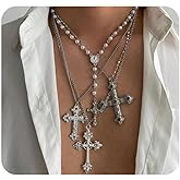 Layered Gold Silver Big Cross Pendant Necklace,Stacking Colorful Crystal Cross Pearl Beaded Y-Necklace Punk Party Jewelry Accessories Gift for Women