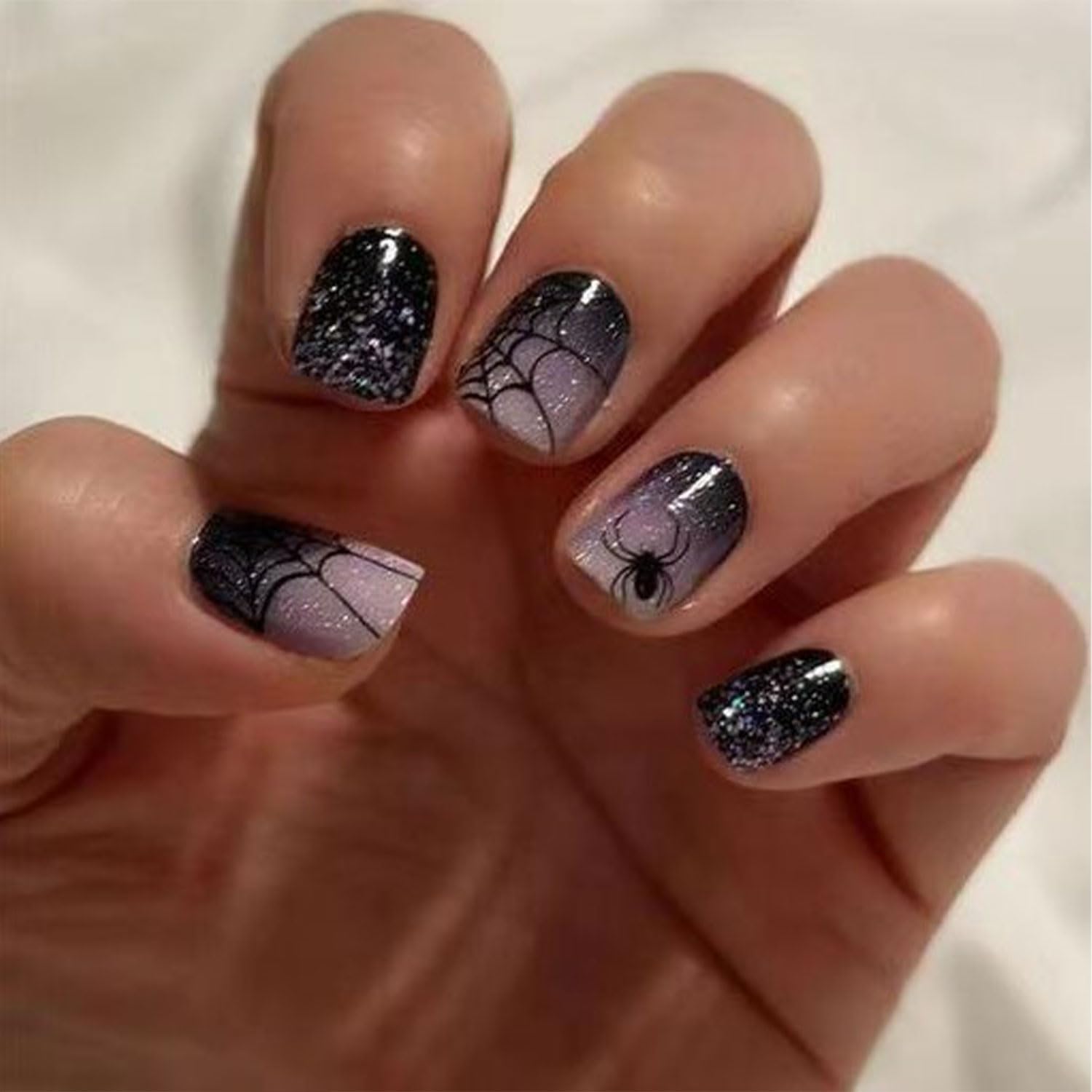 Photo 1 of 24Pcs Halloween Press on Nails Short Square Fake Nails Halloween Spider Nails Press Ons Purple Black False Nails with Glitter design Spider Web Stick on Nail for Women and Girls