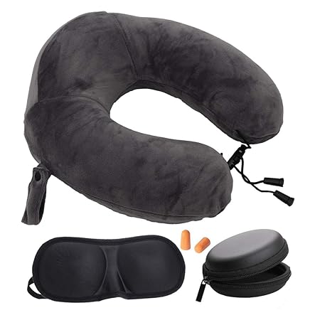 Store2508? Memory Foam Travel Neck Pillow with 3D Eye Shade, Ear Plugs& Earphone Case (Grey)
