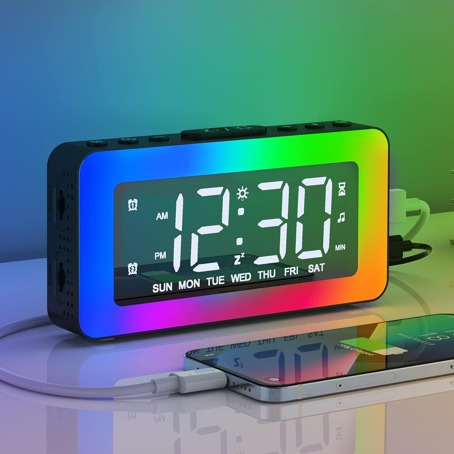 AFEXOA Kids Alarm Clock with RGB Night Lights - Loud Dual Alarm for Heavy Sleepers, Non Ticking Digital Clock, Large LED Display, Bedside Timer & Snooze, Bedroom Decor Gift