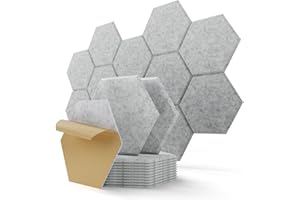 KUCHOOW Hexagon Acoustic Wall Panels Self-Adhesive, 12 Pack Sound Absorbing Tiles for Walls & Doors, Decorative Peel & Stick Interior Panel for Studio, Home Office, Gaming Room, 12"x10"x0.4", Gray