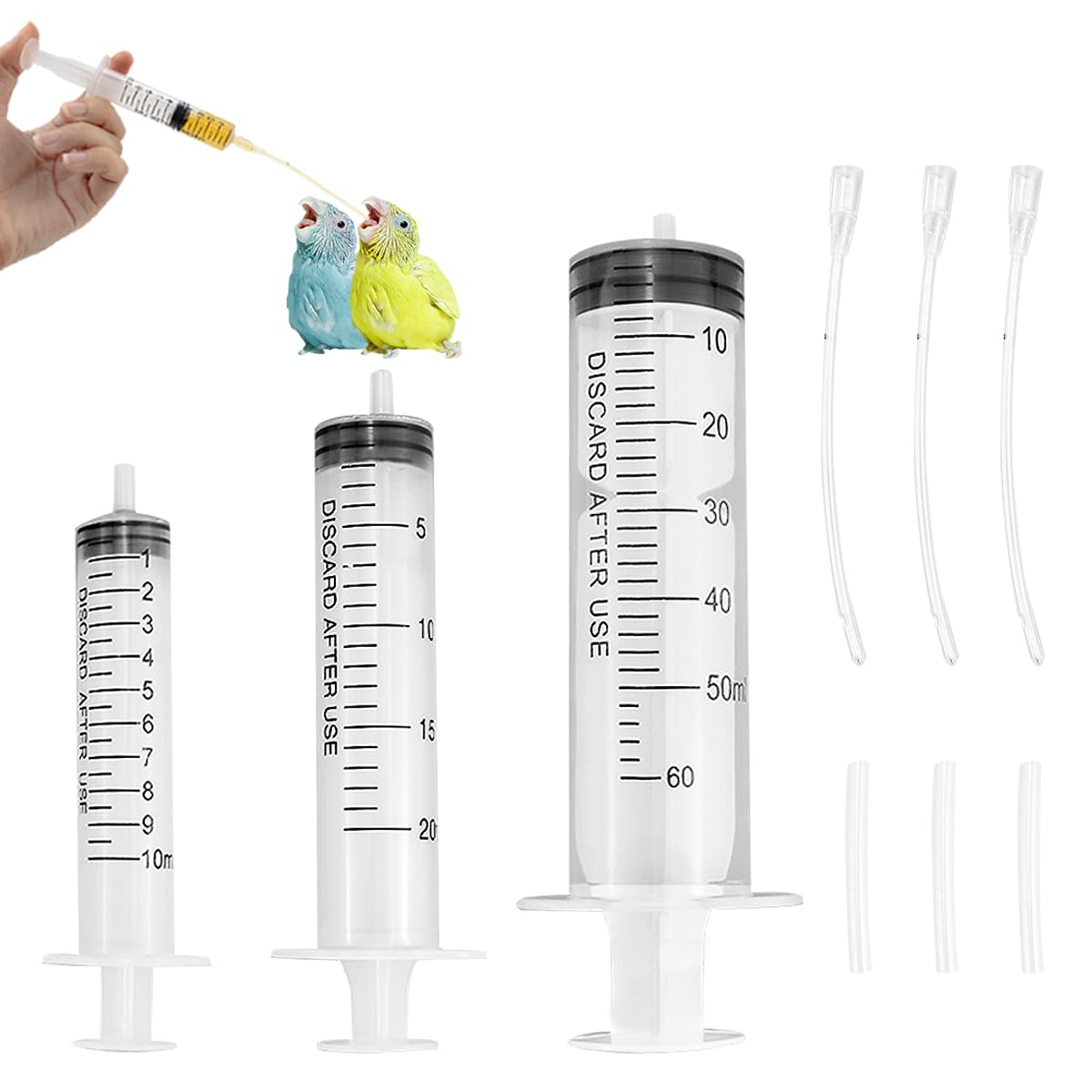 ZJIVQO 3PCS Bird Feeding Syringe Set, Baby Birds Syringe Feeder Parrot Feeding Syringe Tube Measuring Syringe Tools for Feeding Pets Scientific Industrial Labs，10ml,20ml,60ml