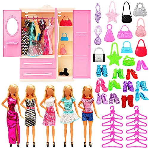 Miunana Lot 36pcs Fashion Doll Closet Wardrobe Doll Clothes and Accessories Set with 1 Pink Wardrobe + 5 Fixed Skirts + 10 Radom Shoes + 10 Hangers + 10 Radom Bags for 11.5 inch Girl Doll