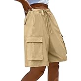 MEROKEETY Women's Summer Casual Cargo Shorts Elastic Waist Drawstring Hiking Bermuda Shorts with Pockets