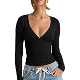 LCNBA Women's Long Sleeve V Neck Double Lined Ruched Crop Top
