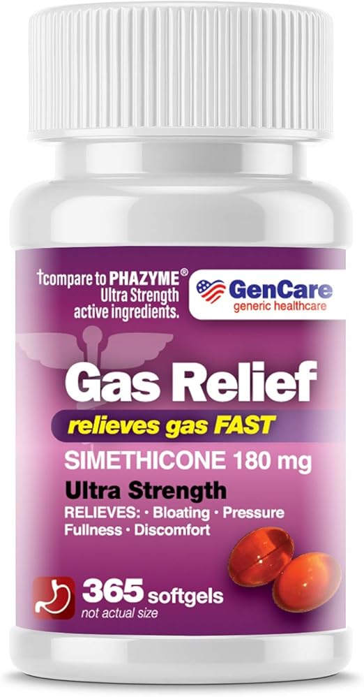 Amazon Com Gencare Ultra Strength Simethicone Gas Relief 180 Mg 365 Softgels Anti Flatulence Bloating Aid Stomach Discomfort And Gas Pressure Reliever Pills Relieves Gas Fast Generic Phazyme Health Personal Care
