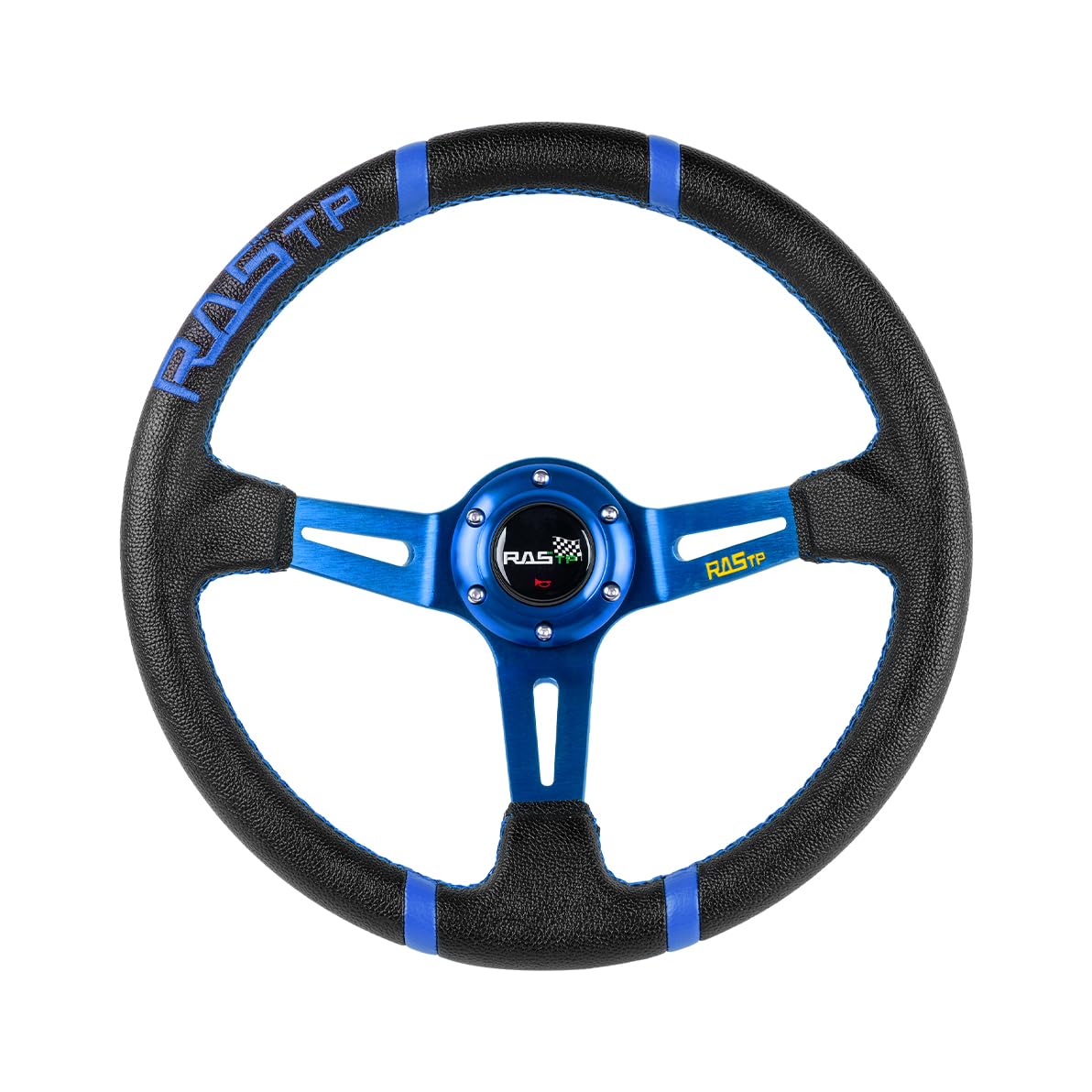 Photo 1 of RASTP Universal Racing Steering Wheel,Deep Dish Steering Wheel Leather Embroidery 13.58”/345mm 6 Bolts with Horn Button Include Cable, Wrench,Blue