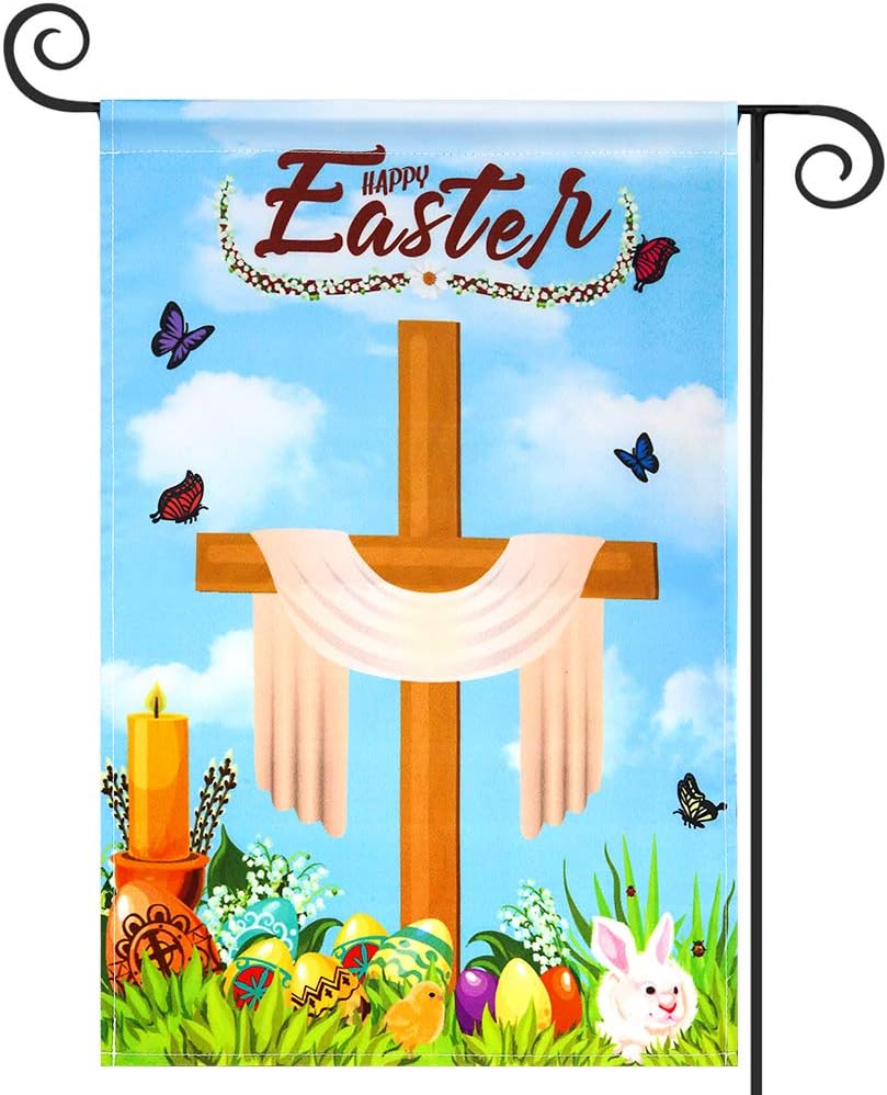 KYOEON Easter Garden Flag, Easter Bunny Happy Spring Easter Garden Flags 12 x 18 Double Sided, Burlap Farm Eggs Cross Easter Yard Flag for Outside Decoration