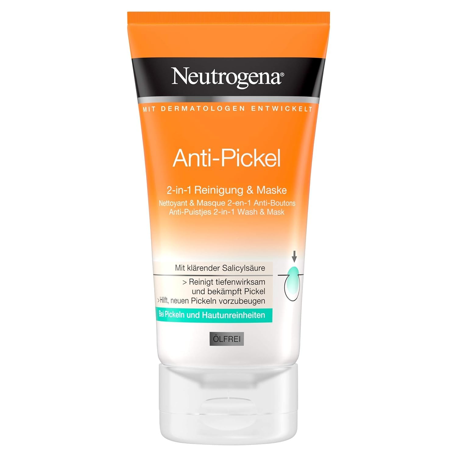 Neutrogena Anti-Pimple Facial Cleanser, 2-in-1 Cleansing and Mask with Salicylic Acid for Blemished Skin, Oil-Free, 150 ml