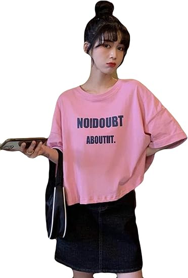 Amazon Alhylaレディース Tシャツ プリント柄 トップス上着 ショート丈 きれいめ おしゃれ 綿 ショートシャツ 韓国風 プリント柄 カットソー カジュアル ゆったり 体型カバー 着痩せ 可愛いピンク Tシャツ カットソー 通販
