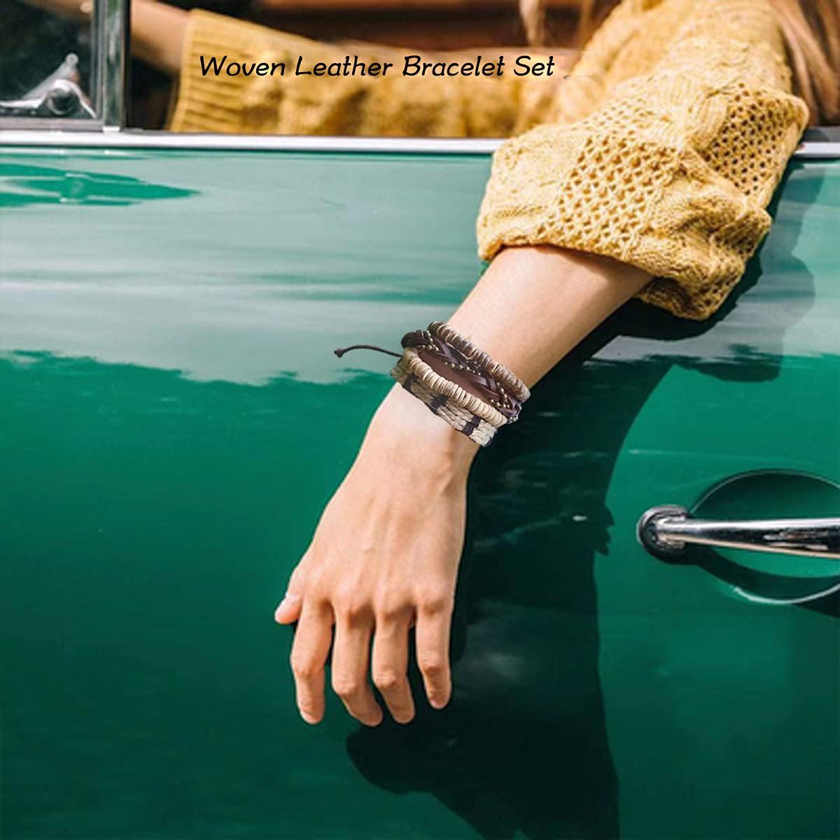 JEWPARK 36PCS Woven Leather Bracelet Set for Men Women Cool Braided Leather Wrist Cuff Bracelets Adjustable Handmade Wooden Beaded Bracelets Ethnic Tribal Linen String Bracelets: Jewelry