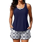 Talisea 3 Piece Tankini with Shorts - Modest Swimsuit Tummy Control Bathing Suits Athletic Sports Swimwear with Pockets