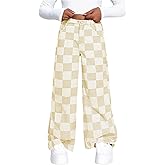 WDIRARA Girl's Checkered Straight Leg Baggy Jeans Elastic High Waist Denim Pants