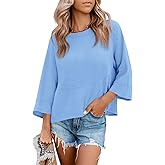 Tankaneo Womens 3/4 Batwing Sleeve Tops Casual Loose Fit Crewneck Shirts Fall Flowy Trendy Tees Blouse