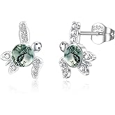 Turtle Earrings for Women 925 Sterling Silver Moonstone/Agate/Turquoise/Larimar Turtle Stud Earrings Hypoallergenic Ocean Jewelry Gifts for Birthday Mother's Day