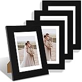 Hongkee 5x7 Picture Frame Set of 4, Made of Real Glass and Black Wooden Frame, 5 by 7 Photo for Wall or Tabletop - Display Picture 4x6 with Mat or 5x7 Without Mat