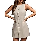 SOLY HUX Women's Summer Button Down Mini Dress Crew Neck Sleeveless Tie Back Work Dresses