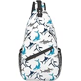 QISENTIS Shark Print Sling Bag Crossbody Backpack Elegant Seamless Pattern with Abstract Shark Silhouettes Gym Sports Travel Hiking Daypack Cute Animal Print Chest Shoulder Bag for Women Men