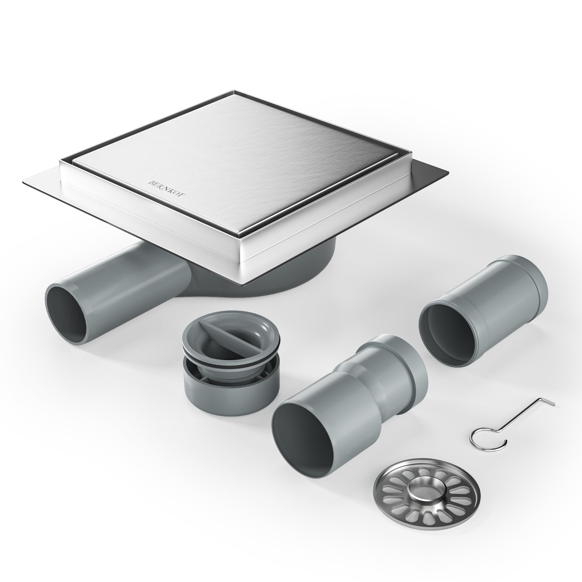 Bernkot Square Shower Channel, 15 x 15 cm, 360° Siphon with Odour Proof and Hair Strainer 2 in 1 - Floor Drainage Gutter - Very Flat DN50 DN40