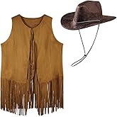 ITODA Women Western Cowgirl Outfits Hippie Fringe Vest 70s Tassels Costume Faux Suede Cowgirl Hat