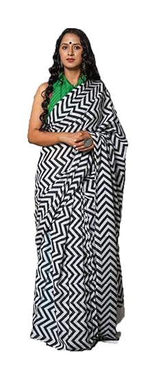 Women's Geometric Striped Print Black & White Coloured Italian Crepe Saree with Blouse