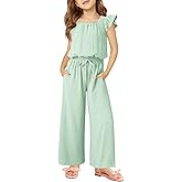 Haloumoning Girls Jumpsuits Kids Fashion Ruffle Sleeves Square Neck Rompers Drawstring Overalls with Pockets