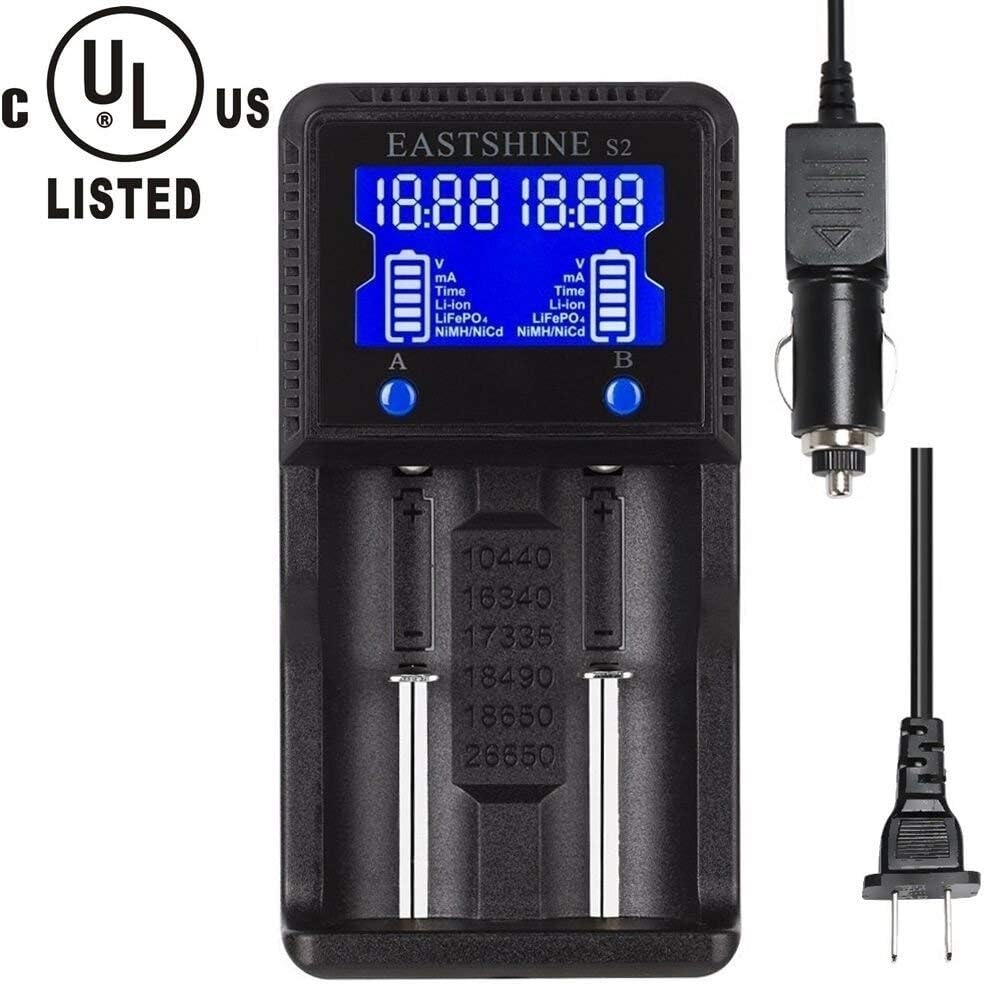 Universal Battery Charger EASTSHINE S2 LCD Display Speedy Smart Charger for Rechargeable Batteries Ni-MH Ni-Cd AA AAA Li-ion LiFePO4 IMR 10440 14500 16340 18650 RCR123 26650 18500 17670 & Car Adapter: Electronics