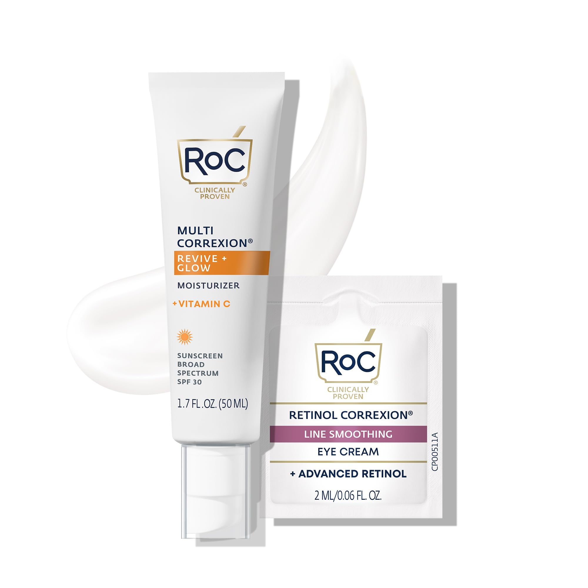 Photo 1 of ** USED** RoC Multi Correxion Revive + Glow Vitamin C Sunscreen Broad Spectrum SPF 30 Face Moisturizer (1.7 oz) with Retinol Eye Cream Packette