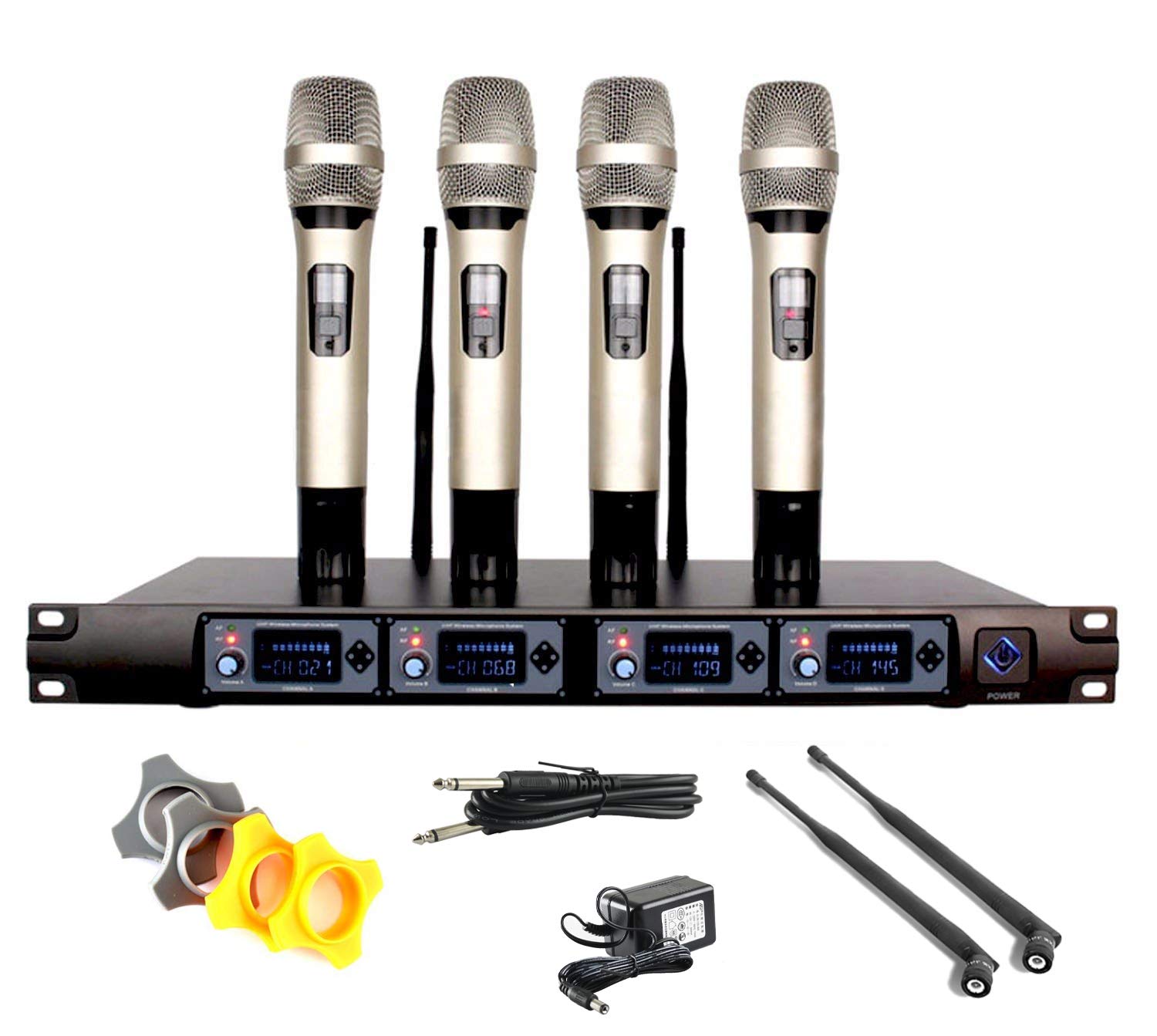 EXMAX® Professional UHF 4 Channel Diversity Wireless Microphone System with 4 Handheld Microphones 4 Mics for Karaoke/KTV/Party/Stage/Wedding/Speech(Golden)