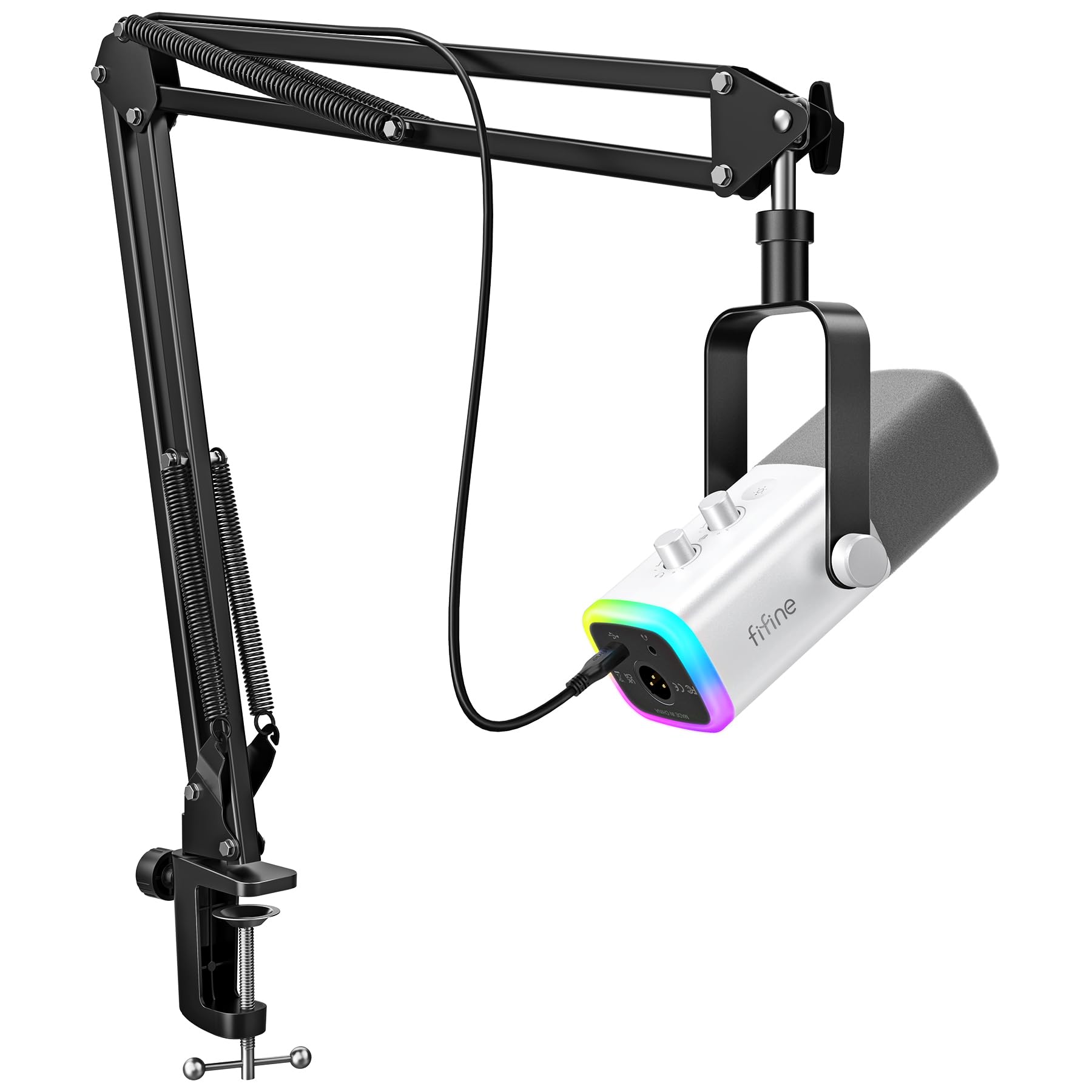 FIFINE AM8 Podcast Microphone kit, Gaming mic with Boom Arm Compatible with PC/Computer/XLR Mixer, USB/XLR Microphone Set with Headphones Jack for Vocal, Streaming, Recording, Voiceover -AM8T White