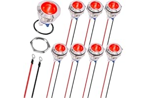 MKBKLLJY 8Pcs Red Indicator Light 16mm Waterproof IP67 Metal Signal Lamp 12V 24V AC/DC LED Pilot Dash Lamp Screw Terminal Concave Head with 120mm Terminal Wires for Car Boat Brake Light Tachometer