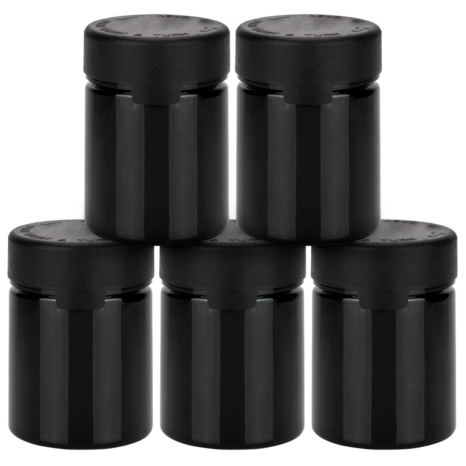 Copackr Chubby Gorilla 5 x 3oz / 90CC / 90ml Aviator PET Plastic Container for Dry goods, Powders and or Medication, With Child Resistant Caps - (Opaque Black Container/Black Cap)