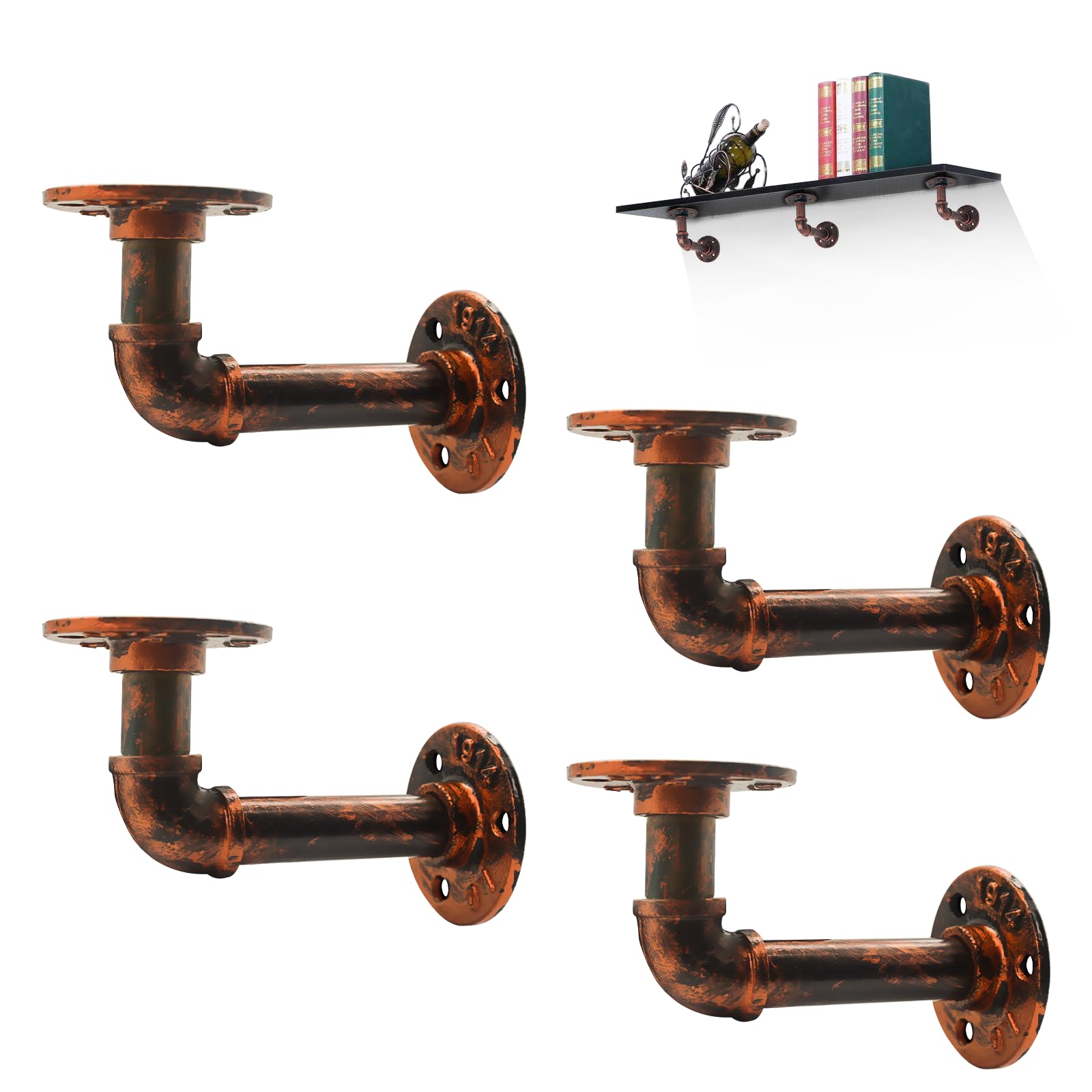 MLOQI Heavy Duty Scaffold Board Shelf Brackets 4 Pack - Industrial Pipe Wall Mount (Red Copper, 14 cm/5.5 Inches)