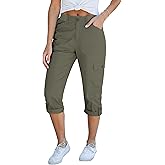 GRAPENT Cargo Capri Pants for Women High Waisted Relaxed Fit Elastic Knit Waist Casual Capris Trousers Cropped Pants