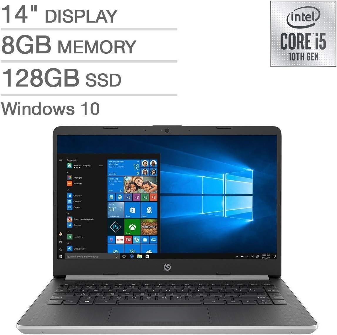 HP 14" FHD IPS LED 1080p Laptop Intel Core i5-1035G4 8GB DDR4 128GB SSD Backlit Keyboard Windows 10 with S Mode (Renewed)