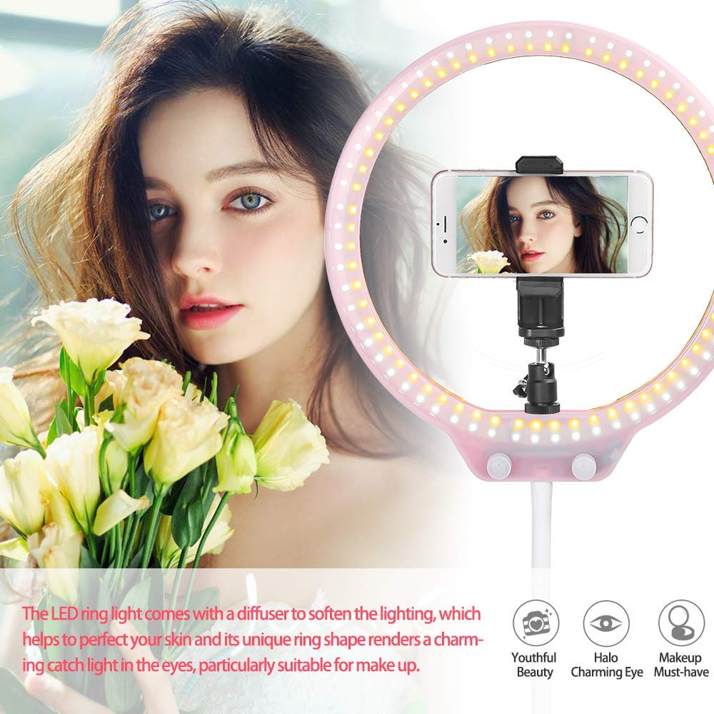 Zomei 10” Table Dimmable Selfie Ring Light with Ball Head, Cell Phone Holder for YouTube Video, Portrait Photography, and Makeup, LED Camera Light,Compatible with iPhone 8 7 6 Plus X Android(Pink)
