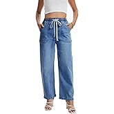 YOCUR Women's Wide Leg Drawstring High Waisted Jeans Elastic Waist Stretchy Straight Leg Baggy Denim Pants with Pockets
