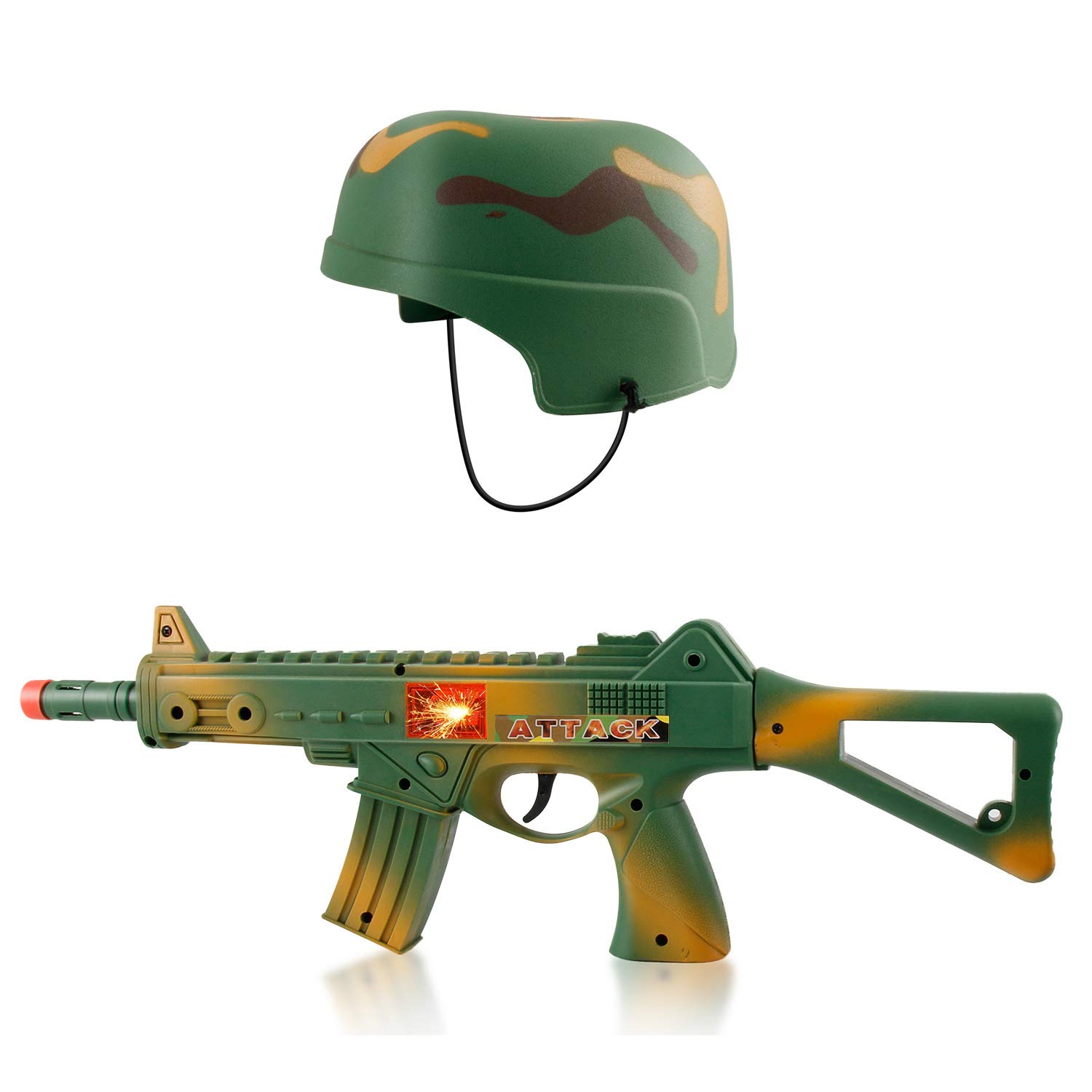 Camouflage Army Helmet and 16 inches Machine Gun Toy Rifle Military Combat Playset for Kids