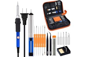 Sywon Full Set 60W 110V Electric Soldering Iron Kit with Adjustable Temperature Welding Iron, 5pcs Tips, Desoldering Pump, 2pcs Tweezers, Tin Wire Tube, Stand and 6pcs Aid Tools in PU Carry Bag