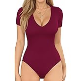 MANGOPOP V Neck Bodysuits for Women Short Sleeve Body Suits Basic Top Casual Shirt