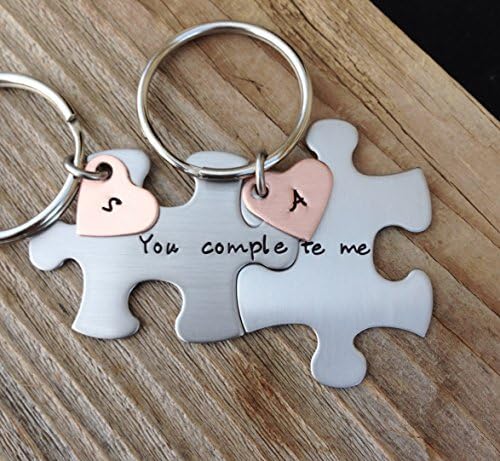 puzzle piece key chains his and hers you complete me gift for him gift for her jewelry hand stamped