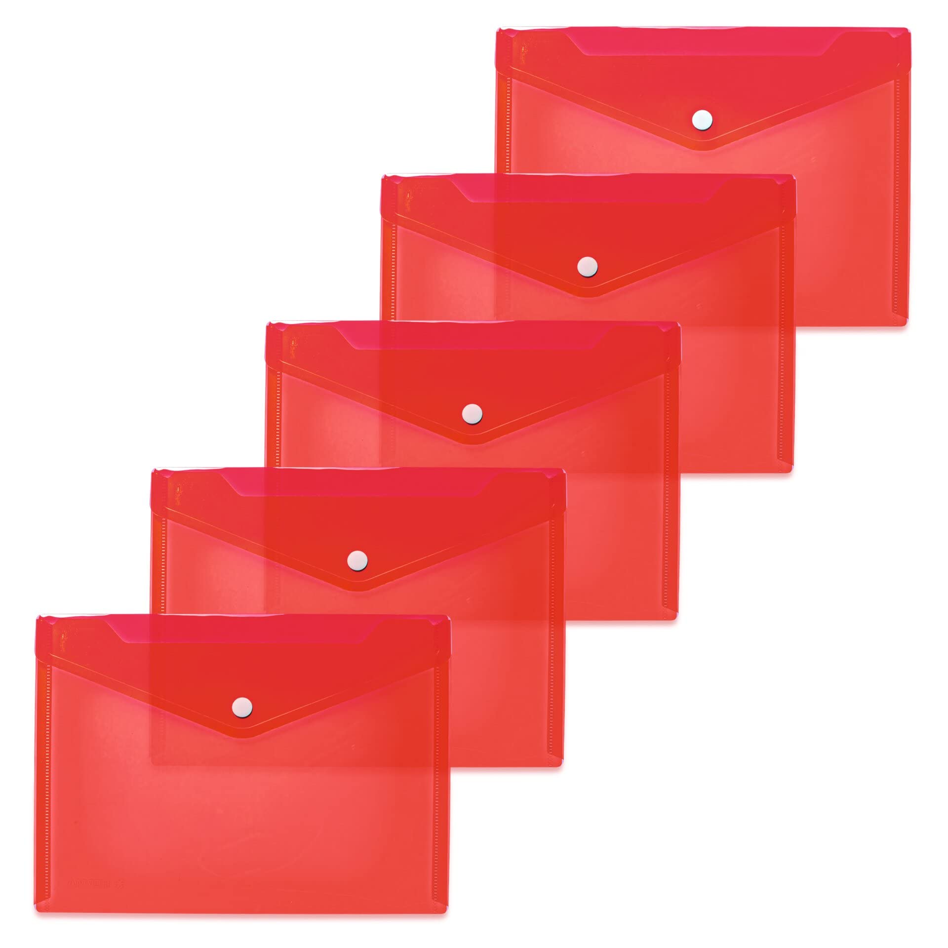 HERMA 20054 Document Wallets A5 Transparent Red Pack of 5 Small Transparent Pockets Envelopes with Press Stud Closure Plastic Envelopes for School, University, Office, Travel