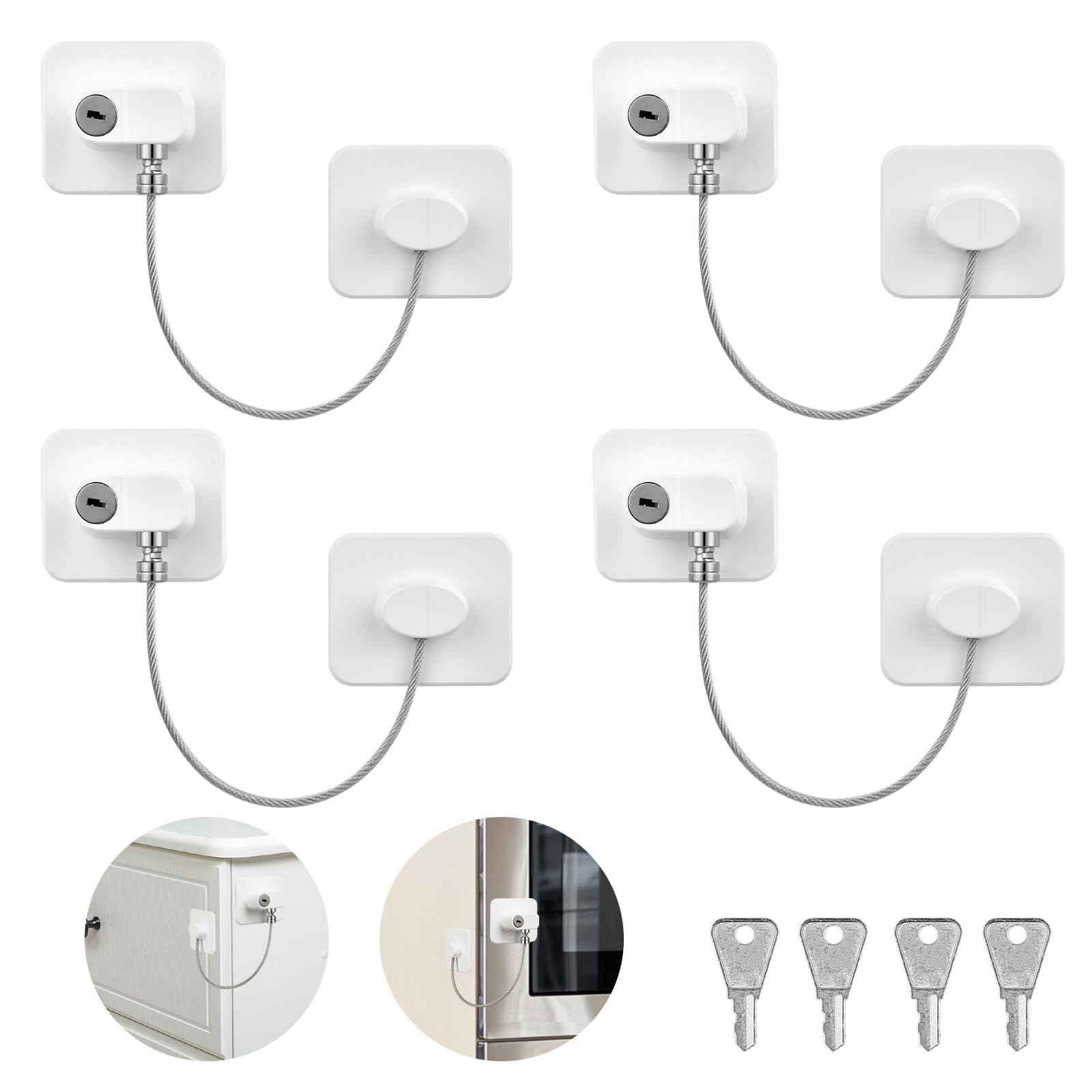 AiQInu Cupboard Locks for Children, Freezer Lock with 4 Keys, Child Proof Cupboard Locks, for Refrigerators, Washing Machines, Cupboards, Windows(4PCS)