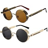 HJSTES Vintage Round Steampunk Sunglasses for Women Men Circle Gothic Glasses Retro Metal Frame