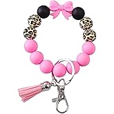 Jesemiah Beaded Wrist Keychain Bracelet for Women Leopard Silicone Beads Wristlet Car Key Holder Key Ring Bowknot Wristlet