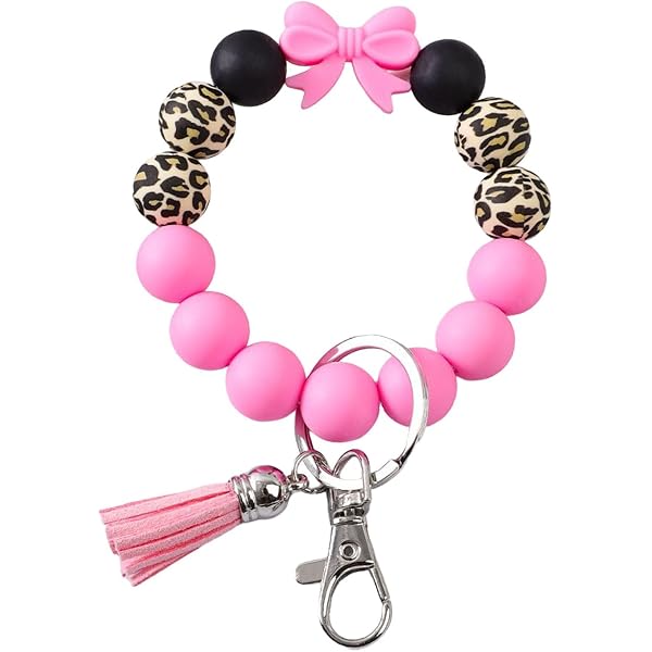 Personalized Silicone Bead Keychain Bracelet For Women - Wristlet Key Holder With Leather Tassel (Light Pink Marble) - View #2