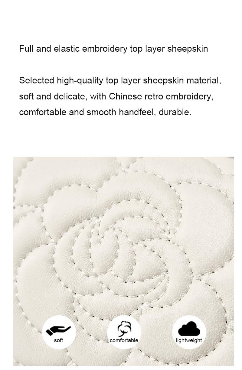 Genuine Leather Women Bag Camellia Shoulder Bag Chain Sheep Leather Handbag, beige