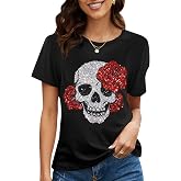 PESION Womens Short Sleeve T-Shirt Sequined Tops O-Neck Funny Graphic Tees Blouse