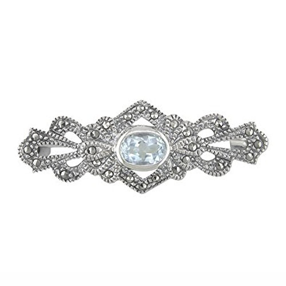 Fancy Marcasite & Blue Topaz Bar Sterling Silver Brooch for Women Ladies - 925 Sterling Silver - Vintage/Antique Style Brooch Pin/Clip