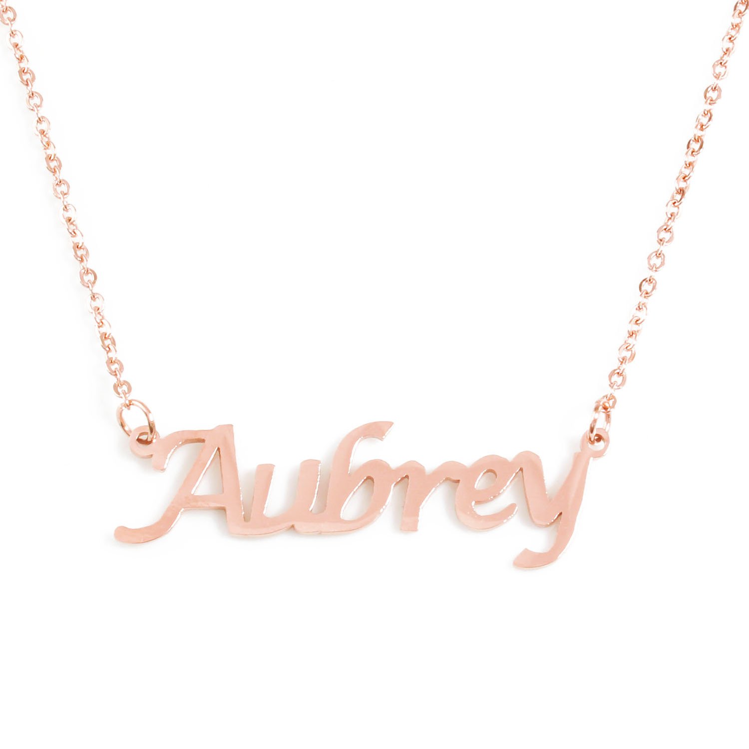 Kigu Audrey Name Necklace Personalised 18K Rose Gold Plated, Custom Dainty Name Pendants, Jewellery for Ladies, Girlfriend, Mother, Sister, Friends Inc Bag & Box
